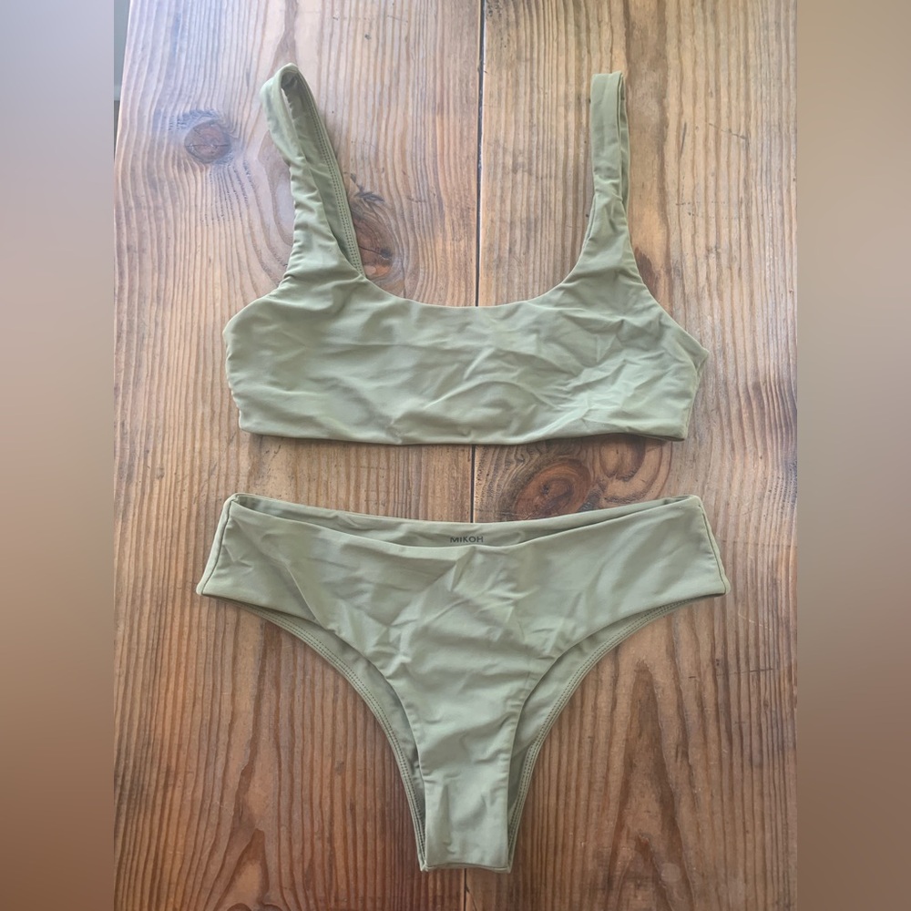 Mikoh green bikini Wailua top (medium) Bondi 2 bottoms (large) in color Seagrass